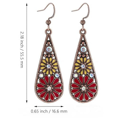 Bohemian Crystal Teardrop Dangle Earrings, Copper, Tribal Geometric Design, Handmade National Style for Women - color: Red