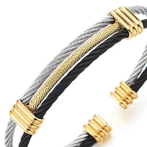 COOLSTEELANDBEYOND Men Women Stainless Steel Twisted Cable Adjustable Cuff Bangle Bracelet - color: G-Metal Color: Silver & Black & Gold