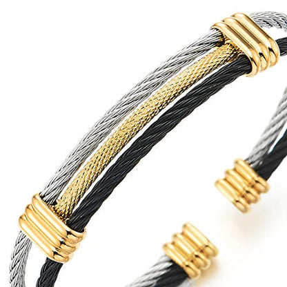 COOLSTEELANDBEYOND Men Women Stainless Steel Twisted Cable Adjustable Cuff Bangle Bracelet - color: G-Metal Color: Silver & Black & Gold