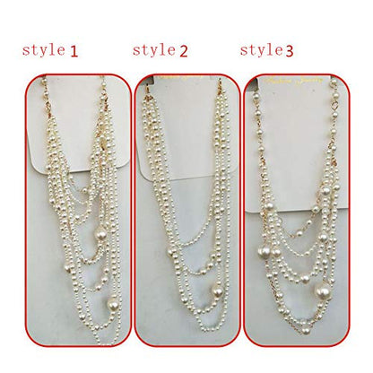 Multilayer Strand Chain Faux Pearls Flapper Beads Cluster Long Choker Necklace - color: Gold White Necklace+Pierced Earrings