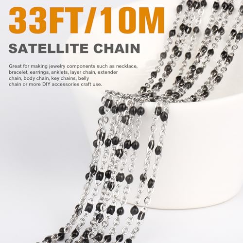 33FT 2mm Gold Cable Chains Black Enamel Chains Bulk Roll for Jewelry Making | 304 Stainless Steel Enamel Beaded Cable Chains Roll Spool for Necklace Bracelet Craft - color: Stainless Steel Black Beads