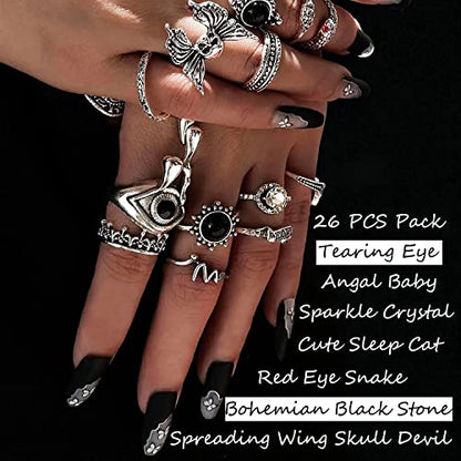 17IF 26-35 Pcs Vintage Silver Knuckle Ring Set for Women Men, Gothic Rings | Grunge Chunky Aesthetic Snake Stackable Adjustable Punk Bulky Finger Alt Fairy Skull Frog Heart Star Flower Midi Ring Pack - style: 26 Pcs