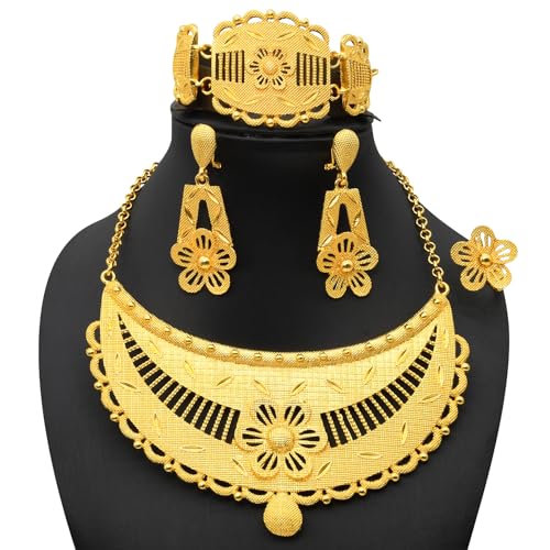 indian Women Jewelry Necklace Set african Dubai Bride Wedding Prom Fashion Jewelry 24K Gold Plated Necklace Bangles Rings Earrings - color: S-346