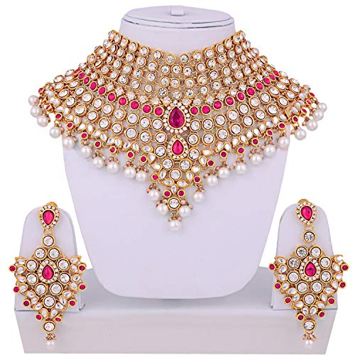 Aheli Bollywood Style Indian Bridal Choker Necklace Matha Patti Nose Ring Haath Phool Wedding Fashion Bharatanatyam jewellery set for Women - color: Pink