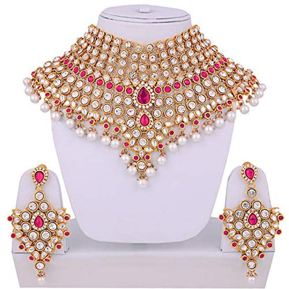 Aheli Bollywood Style Indian Bridal Choker Necklace Matha Patti Nose Ring Haath Phool Wedding Fashion Bharatanatyam jewellery set for Women - color: Pink