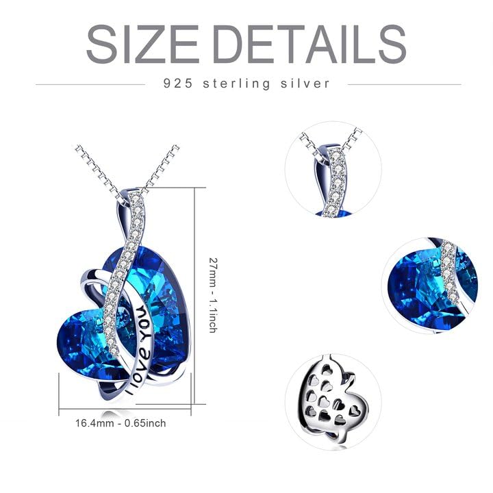 AOBOCO I Love You Sterling Silver 12 Birthstone Heart Pendant Necklace Embellished with Crystals from Austria, Mother's Day Anniversary Birthday Jewelry Christmas Gifts for Women Grandma Nana - color: Blue