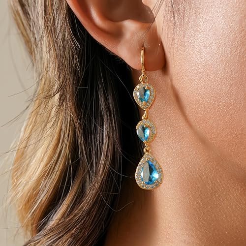 18K Gold Plated Flower Dangle Earrings for Women, Hypoallergenic Cubic Zirconia Earrings, Elegant CZ Drop Earrings, Statement Jewelry Gifts Party Fashion - style: OBS0354-Blue