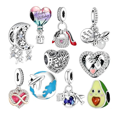 10 Pack Silver Bead Charms for Bracelets and Necklaces Pendant Dangle Beads Jewelry Gifts for Women Charm Set - color: Heart Love Travel