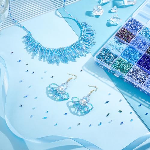 PH PandaHall 16100pcs Glass Seed Beads 24 Style 2mm Small Round Waist Bead 12/0 Ocean Blue Bugle Beads Tube Bead for Christmas Friendship Bracelet Jewelry Making Embroidery Beading Weaving DIY Craft