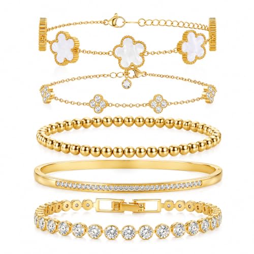 18K Gold Plated Clover Bracelet Set for Women - Four Leaf Lucky Clover Stackable Bracelets, Adjustable Beaded Chain Jewelry, Trendy Birthday Gift for Her