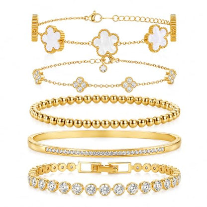 18K Gold Plated Clover Bracelet Set for Women - Four Leaf Lucky Clover Stackable Bracelets, Adjustable Beaded Chain Jewelry, Trendy Birthday Gift for Her
