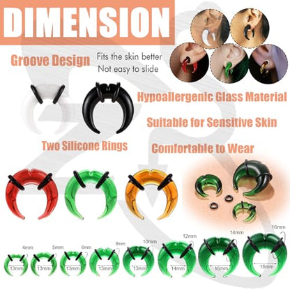 ZS 1 Pair Glass Septum Stretching Kit Set - C Shape Pincher Tapers with O-Rings & Grooved, 6G to 5/8" Buffalo Septum Retainers Rings for Nose Ear Piercing Jewelry - color: Green, size: 4g(5mm)