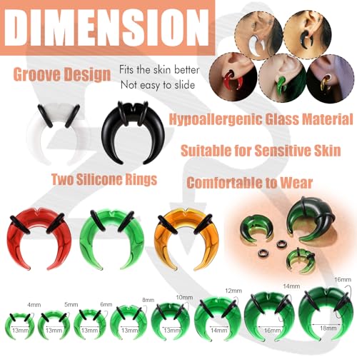 ZS 1 Pair Glass Septum Stretching Kit Set - C Shape Pincher Tapers with O-Rings & Grooved, 6G to 5/8" Buffalo Septum Retainers Rings for Nose Ear Piercing Jewelry - color: Green, size: 6g(4mm)