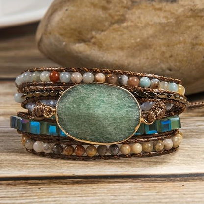 Handmade Boho Wrap Bracelets Natural Turquoise Crystal Stone Variety Beaded Strand Bracelet - color: Topaz