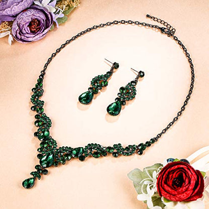 EVER FAITH Rhinestone Crystal Bridal Floral Wave Teardrop Necklace Earrings Set - color: 2pcs_Green Black-Tone