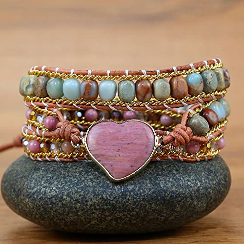 Women Wrap Bracelet Boho Natural Jasper Crystal Stone Beads Strand Bracelets - color: Style 13-Rhodochrosite