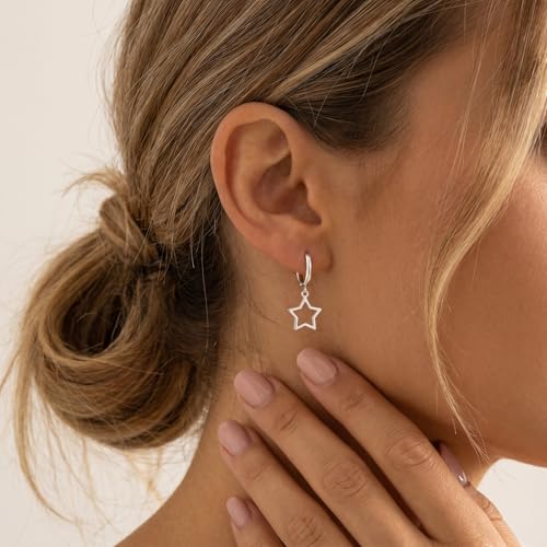 Reffeer Solid 925 Sterling Silver Star Hoop Dangle Earrings for Women Teen Girls Star Drop Earrings Huggie - color: A-Silver
