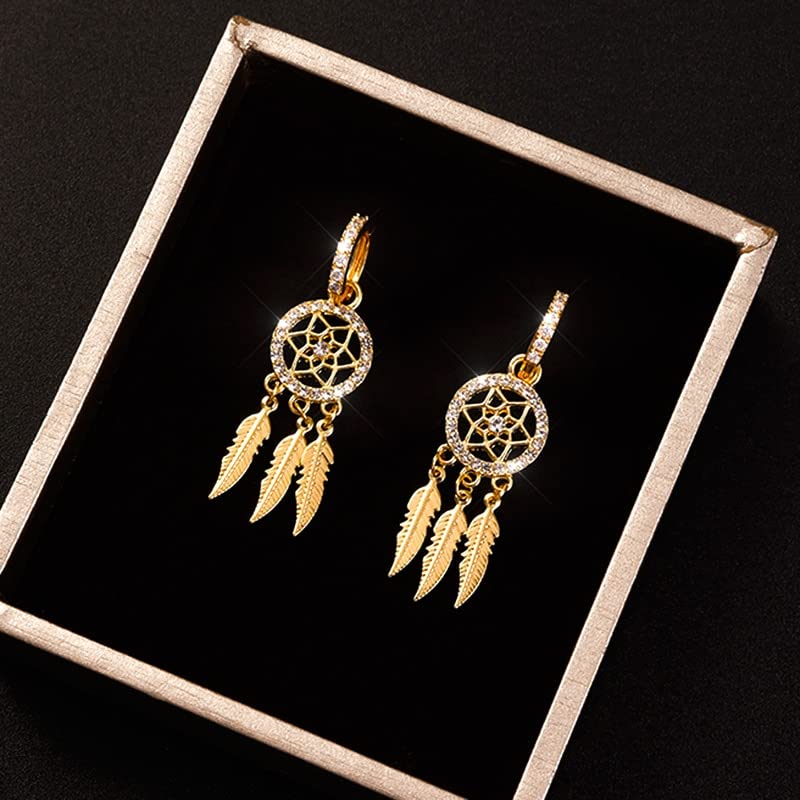 Dream Catcher Dangle Earrings for Women, Boho Feather Tassels Drop Earrings Geometric AAA Zircon Ear Jewelry