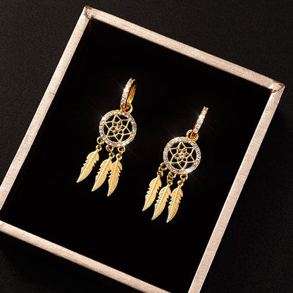 Dream Catcher Dangle Earrings for Women, Boho Feather Tassels Drop Earrings Geometric AAA Zircon Ear Jewelry