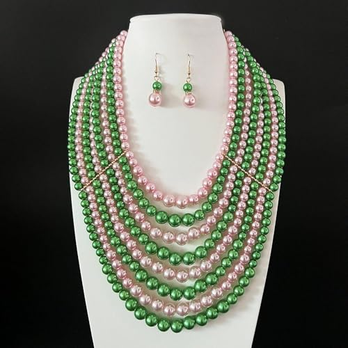 Multilayer Strand Chain Faux Pearls Flapper Beads Cluster Long Choker Necklace - color: Pink Green Necklace（Mix Random）