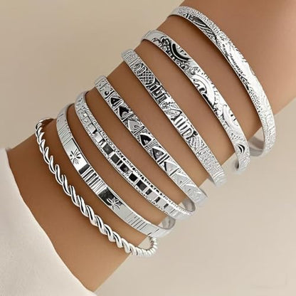7Pcs Gold Bangle Bracelets for Women 14k Gold Plated Stackable Cuff Bracelet Set Simple Trendy Opening Cuff Bangle Bracelets Bracelet Minimalist Layering Jewelry Gift Set - color: Silver