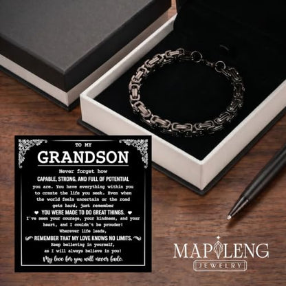 Grandson Gifts from Grandma Grandpa, Black Stainless Steel Bracelet with Meaningful Message Card, Birthday Gift for Grandson, Graduation Christmas Gift, Inspirational Keepsake Jewelry for Men - color: Grandson #8