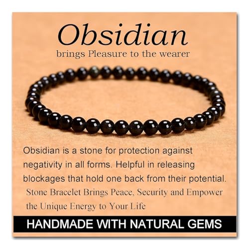 Carnelian Bracelet - Stone of Luck,Stretch Natural Stone Crystal Beads Jewelry Gifts for Women Men Unisex - color: Black Obsidian-Pleasure, size: 4mm