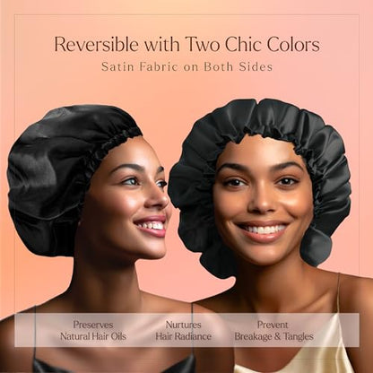 Silvr Bear Satin Sleep Bonnet for Women | Hair Sleep Bonnet| Great for Thick and Curly Hair | Reversible Black Satin Bonnet - color: Black Satin Bonnet