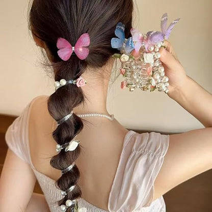 5pcs Telephone Wire Hair Bands Spiral Hair Ties,Pearl Telephone Cord Hair Ties Hair Scrunchies Decorative Hair Ties No Damage Ponytail Holders,Butterfly Flowers Beaded Hair Ties for Women Girl