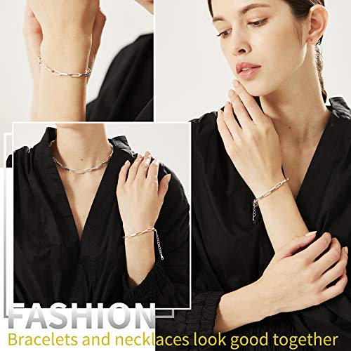 ChainsHouse Stainless Steel Herringbone Flat Chain Bracelets for Women,18K Gold/Rose Gold/Black Metal Paperclip/Snake/Cuban/Figaro Sterling Silver Link Charm Bracelet, 16+5cm Adjustable, With Gift Box - color: a. paperclip-platinum(hot!!!)