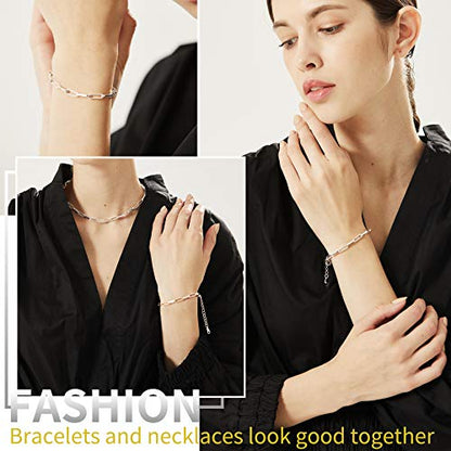 ChainsHouse Stainless Steel Herringbone Flat Chain Bracelets for Women,18K Gold/Rose Gold/Black Metal Paperclip/Snake/Cuban/Figaro Sterling Silver Link Charm Bracelet, 16+5cm Adjustable, With Gift Box - color: a. paperclip-platinum(hot!!!)