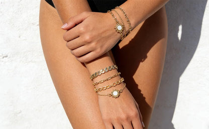 Alegend 14K Gold Plated Stackable Multilayer Bracelets + Titanium Steel(Not Rust, Resist Corruption, Easily Clean) 18K Gold Plated Single Bracelets - color: 14K Gold + 4PCS F