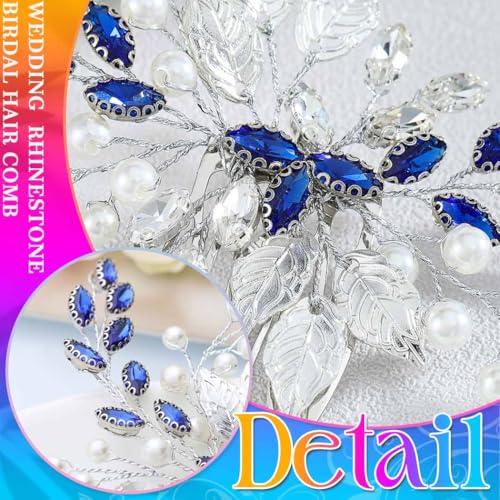 Unsutuo Navy Blue Rhinestone Hair Comb Saffire Crystal Hair Pieces Pearl Wedding Hair Accessories for Women and Girls