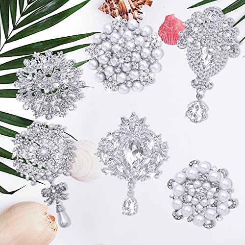 Rhinestone Brooches Crystal Brooch Pins, Pearl Crystal Wedding Bouquet kit Set - color: Silver-Classic Kit-6pcs