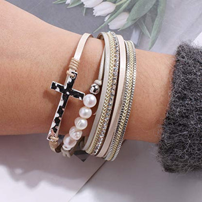 Vercret Leather Wrap Bracelet for Women, Multi-Layer Cuff Bangle | Boho Stacked Bracelets with Safe Clasp Western Bangle Jewelry Gift for Lady and Mom Sister Friend - style: Pearl Cross Beige