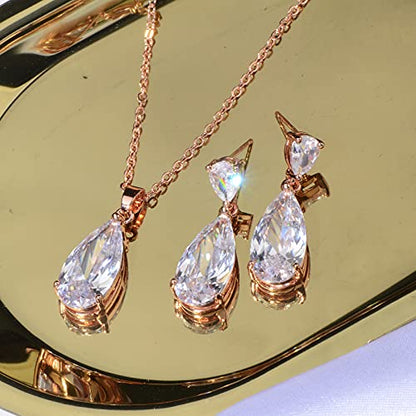 Wedding Jewelry Set for Bridesmaids - Sterling Silver Teardrop CZ Crystal Cubic Zirconia Rhinestone Diamond Bridal Necklace Earrings Set for Bride Mother of Bride Party Prom Birthstone Costume Jewelry - color: 14k rose gold plated