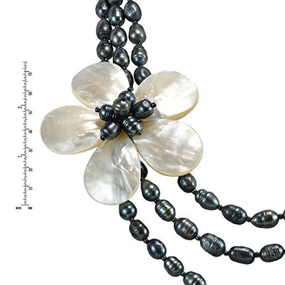 Glamorous Floral Mother of Pearl on Triple Strand of Cultured Freshwater Black Pearl Layered Necklace