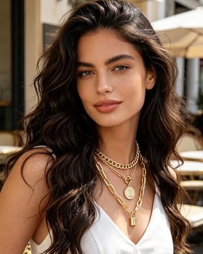 Gold Layered Necklaces for Women Chunky Layered Gold Link Chain Necklaces Trendy Paperclip Herringbone Toggle Clasp Necklace Statement Jewelry Accessories for Her - color: A5:gold chunky necklace