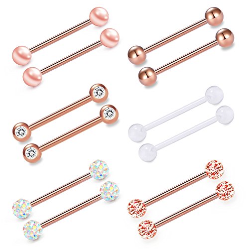 VCMART 12mm-18mm 14G Tongue Rings Nipple Straight Barbells Surgical Steel Body Piercing Jewelry - style: Style E3 -12pcs, rose gold