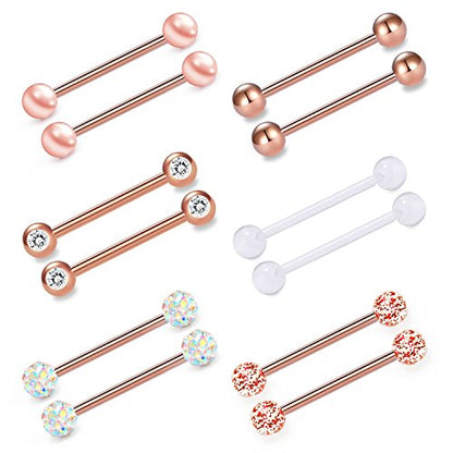 VCMART 12mm-18mm 14G Tongue Rings Nipple Straight Barbells Surgical Steel Body Piercing Jewelry - style: Style E3 -12pcs, rose gold