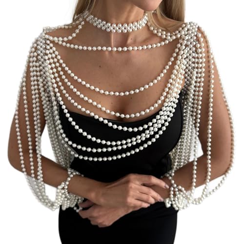 Multi-Layered Pearl Shoulder Body Chain for Women,White Pearl Fringe Shawl Necklace,Summer Beach Beaded Tassel Shoulder Jewelry for Wedding Prom Party Dresses