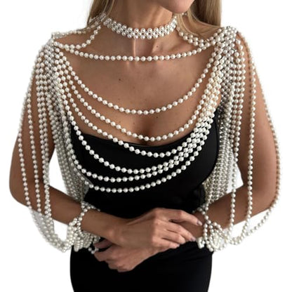 Multi-Layered Pearl Shoulder Body Chain for Women,White Pearl Fringe Shawl Necklace,Summer Beach Beaded Tassel Shoulder Jewelry for Wedding Prom Party Dresses
