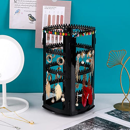 Sooyee 360 Rotating Earring Holder and Jewelry Organizer, Black | 4 Tiers, 156 Holes and 160 Grooves, For Necklaces Earrings Piercings, Classic Stand - color: Black