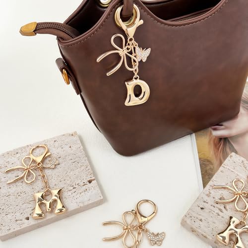Gold Bubble Heart, Cherry, Bow & More Designs Letter Initial Keychain Bag Charms – Cute Purse Charms for Handbags - color: Bow & Butterfly, style: D
