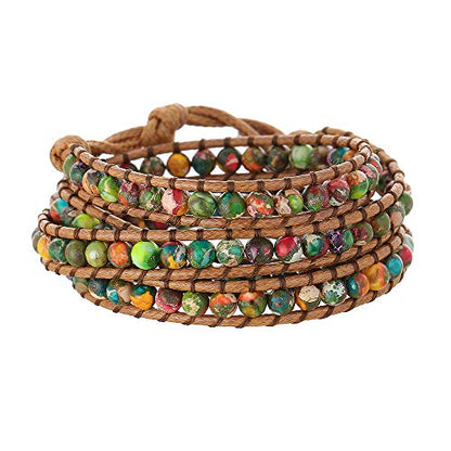 Plumiss Women Boho Handmade Natural Stone Crystal Leather Bead Wrap Bracelets Collection - style: Colorful Jasper 3w