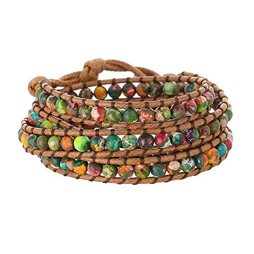 Plumiss Women Boho Handmade Natural Stone Crystal Leather Bead Wrap Bracelets Collection - style: Colorful Jasper 3w