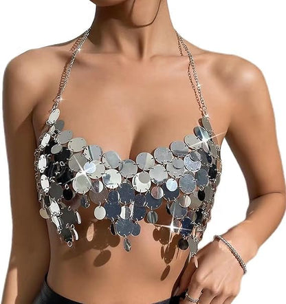 Christmas Summer Beach Sequin Backless Crop Tank Tops for Women Sexy Sparkly Hollow Out Outfit Glitter Bra Tops Festival Rave Body Chain Jewelry (Silver)