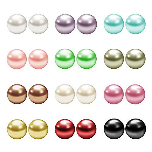 JewelrieShop Fake Pearl Earrings Stud Set Faux Colorful Pearls Earring Pack for Women Hypoallergenic Stainless Steel Ball Studs Earing for Women Jewelry (12pairs, Assorted Size) - color: 10mm (12pairs)