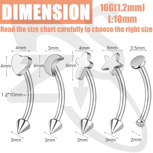 ZS 5Pcs Stainless Steel Eyebrow Rings, 16G Curved Belly Rings Navel Barbell Helix Daith Tragus Earrings Spike Vertical Labret Lip Piercing Jewelry - color: Sliver,L:10mm