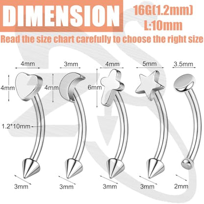 ZS 5Pcs Stainless Steel Eyebrow Rings, 16G Curved Belly Rings Navel Barbell Helix Daith Tragus Earrings Spike Vertical Labret Lip Piercing Jewelry - color: Sliver,L:10mm